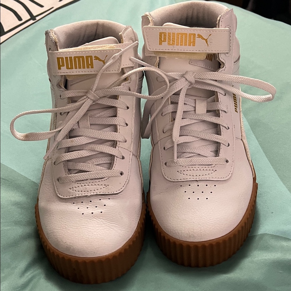 Puma White and Gold High-Top Sneakers